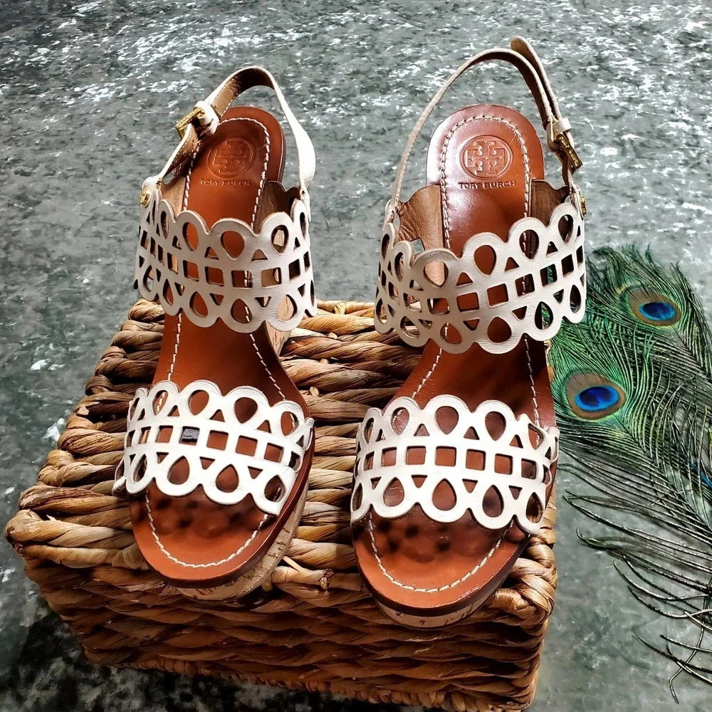 Tory Burch Nori Laser-Cut‎ 115MM Wedge Sandal in Ivory